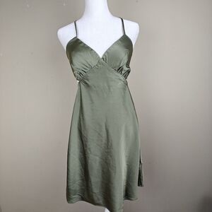 Topshop Cut Out Satin Dress Women's 6 US Olive Green Summer Club